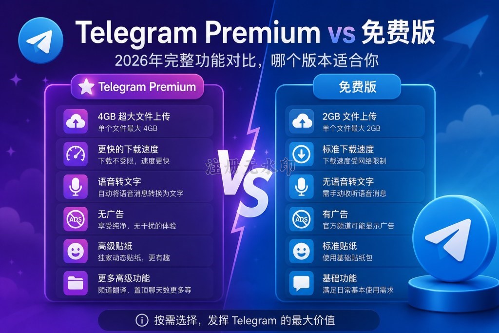 Telegram Premium vs 免费版:2026年完整功能对比,哪个版本适合你